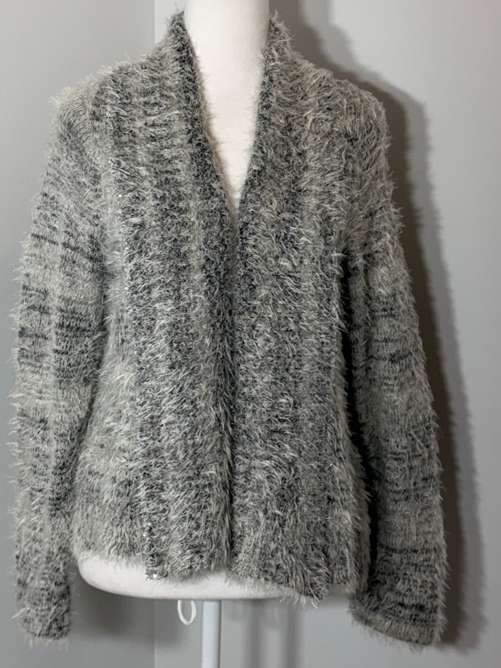 EUC Christopher & Banks Open-Front Marled Gray Cardigan Sweater Size Medium